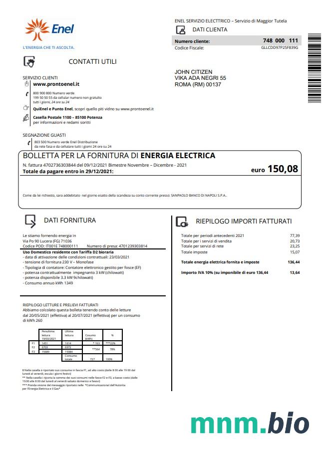Italy Enel elektryczność rachunek za media template in Word i PDF format